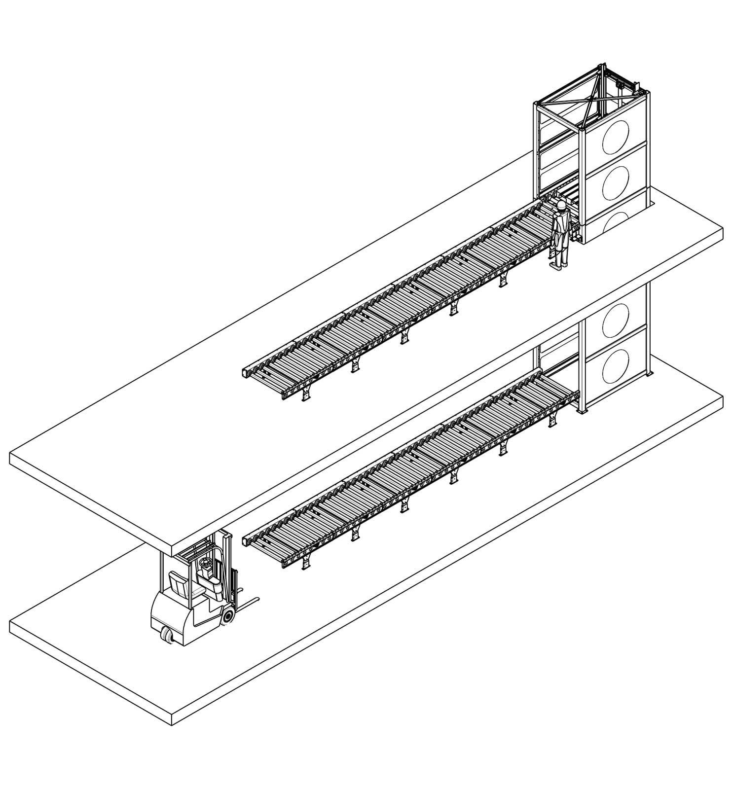 Hydraulic goods lift with conveyors