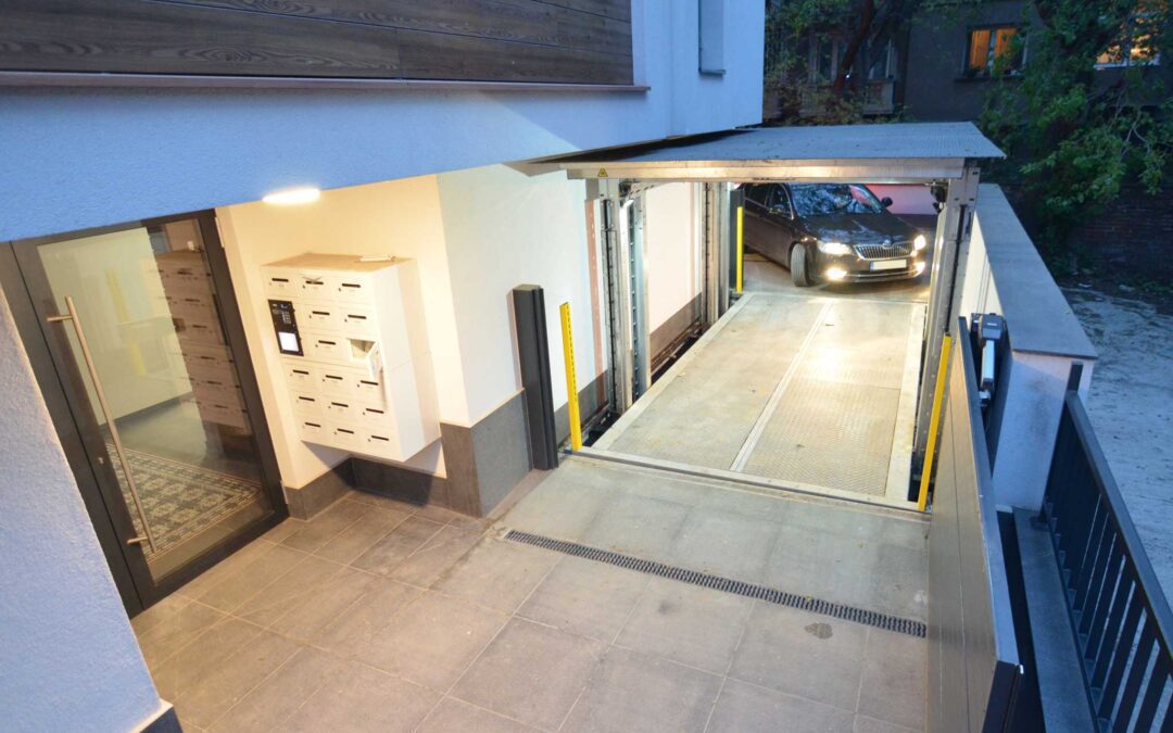 Car lift with roof for apartment complex