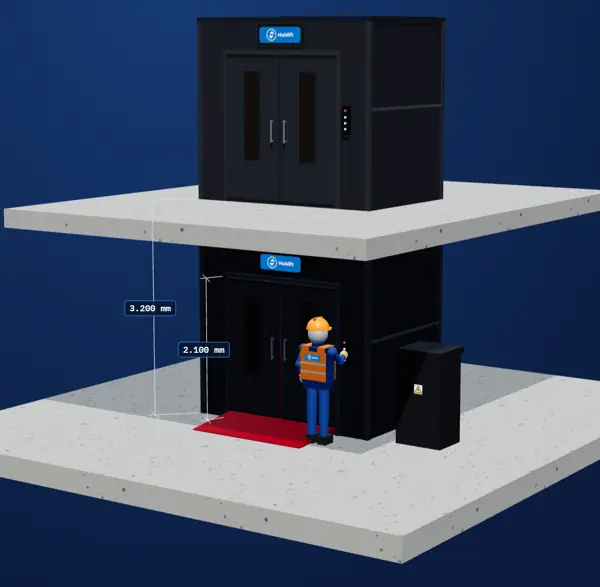 Goederenlift met twee stopplaatsen uit de Hublift liftconfigurator, met maatvoering