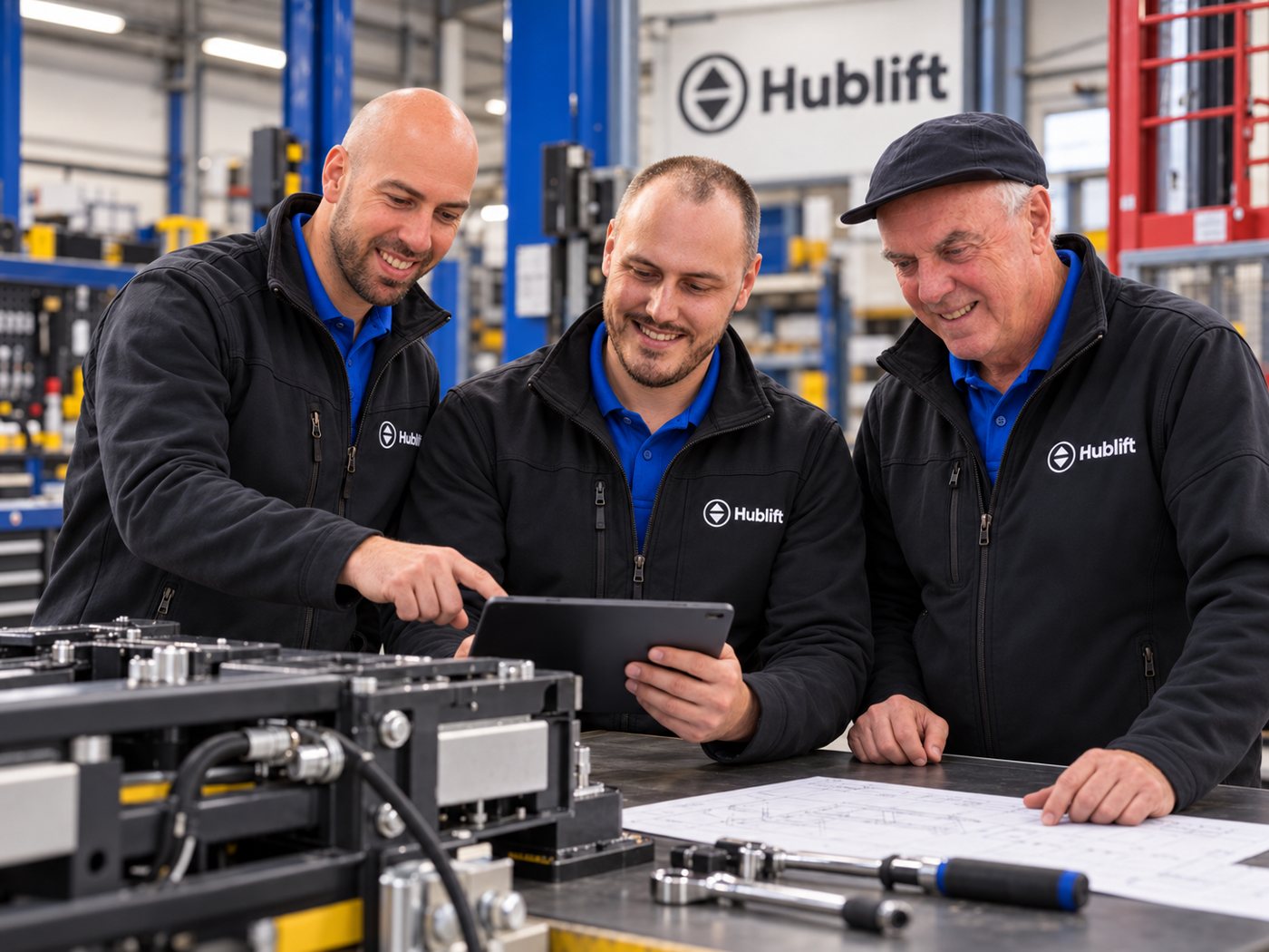 Mike, Jeroen en Pierre van Hublift samen in de werkplaats in Veghel