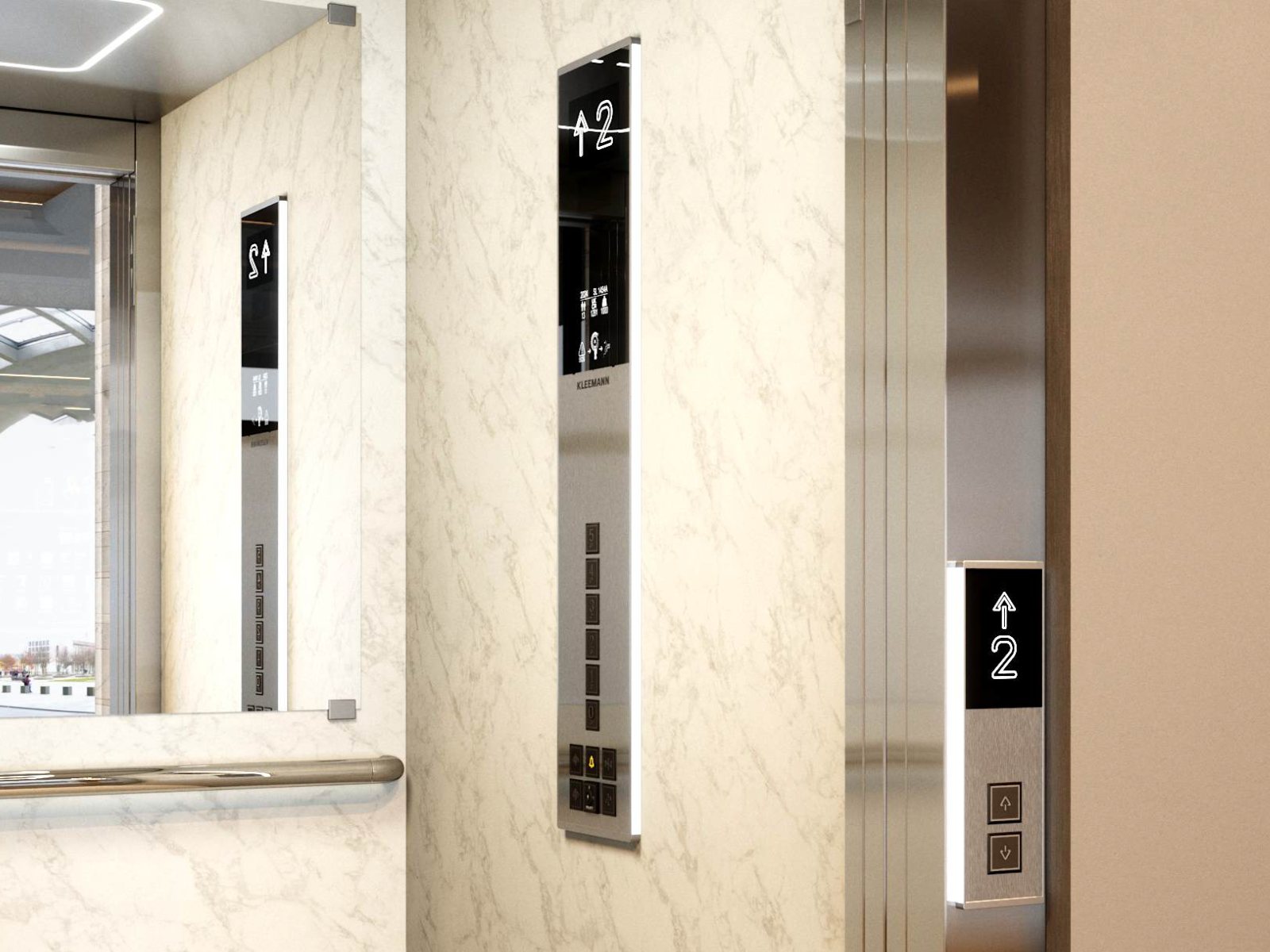 Modern bedieningspaneel met display in een personenliftcabine met marmerlook