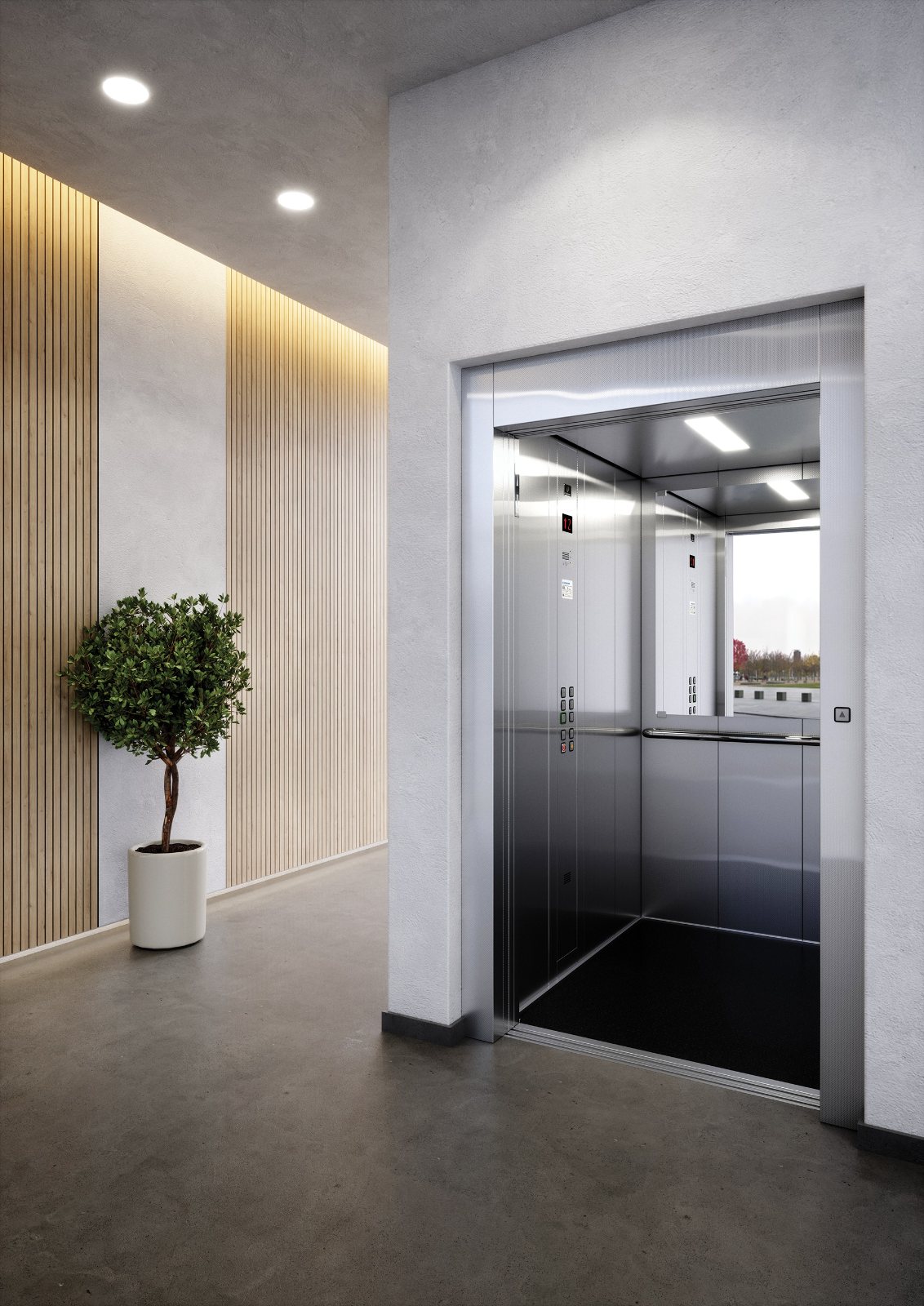 Open personenlift met RVS cabine in een entree met houten lamellen