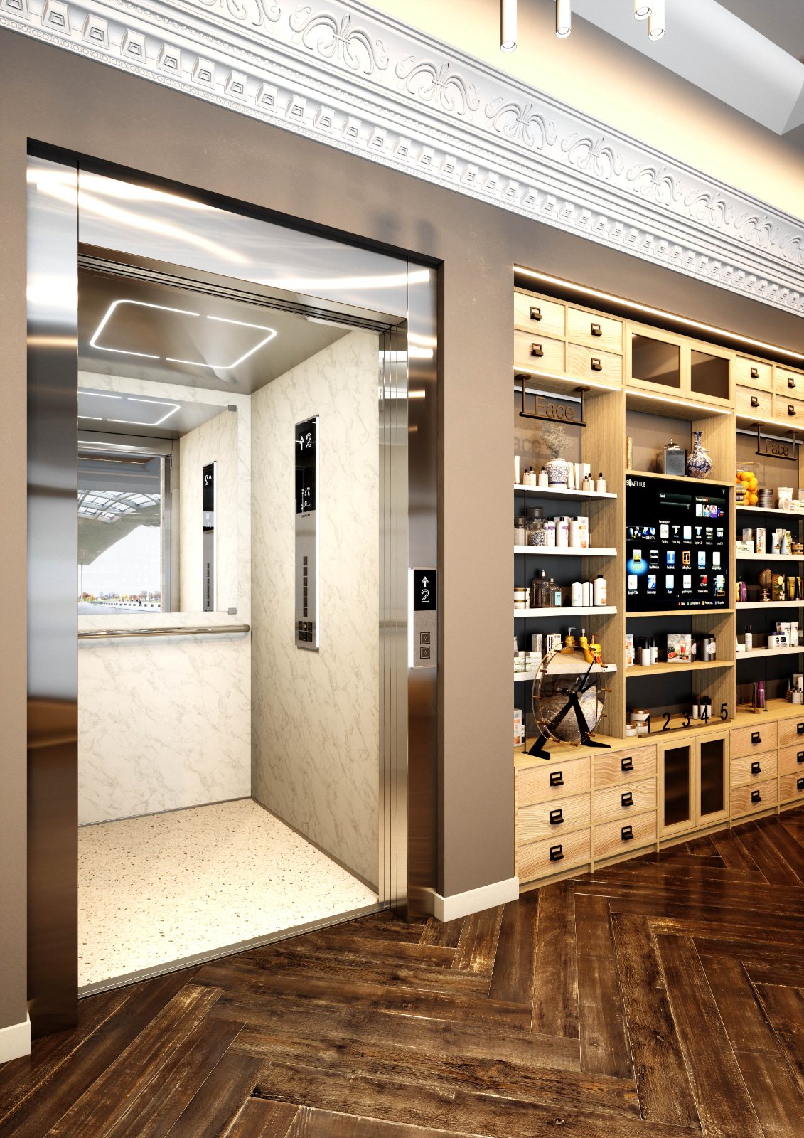Open personenlift naast een winkelinterieur met houten kasten